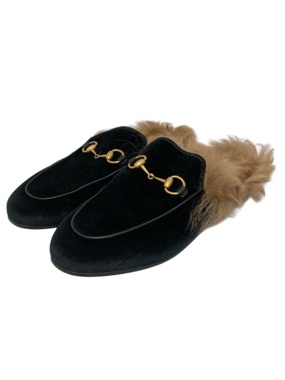 Gucci Prince Town Lamb Fur Horsebit Velvet Sandals Black Beige